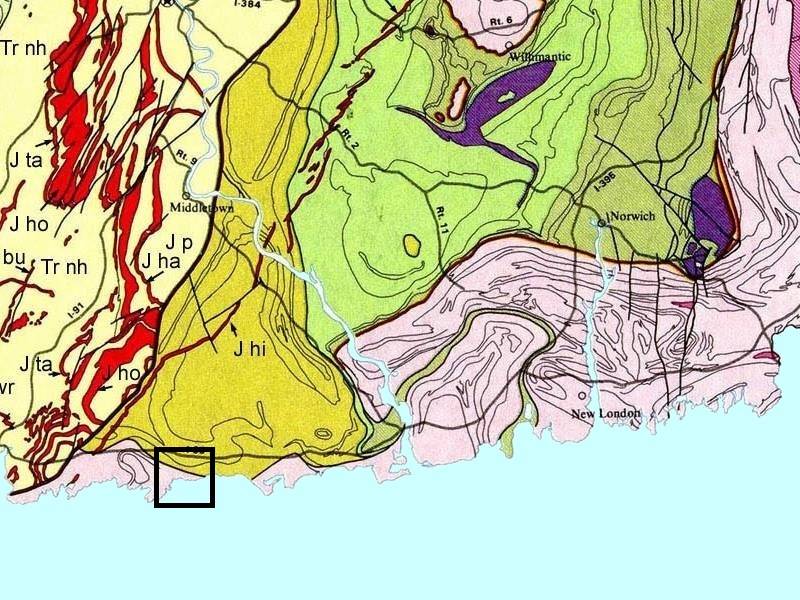 Mapa de la geología de la costa de Connecticut