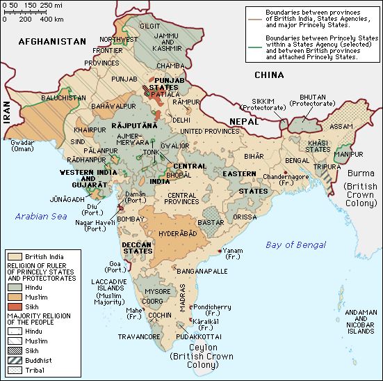 Mapa de la dominación inglesa de la India