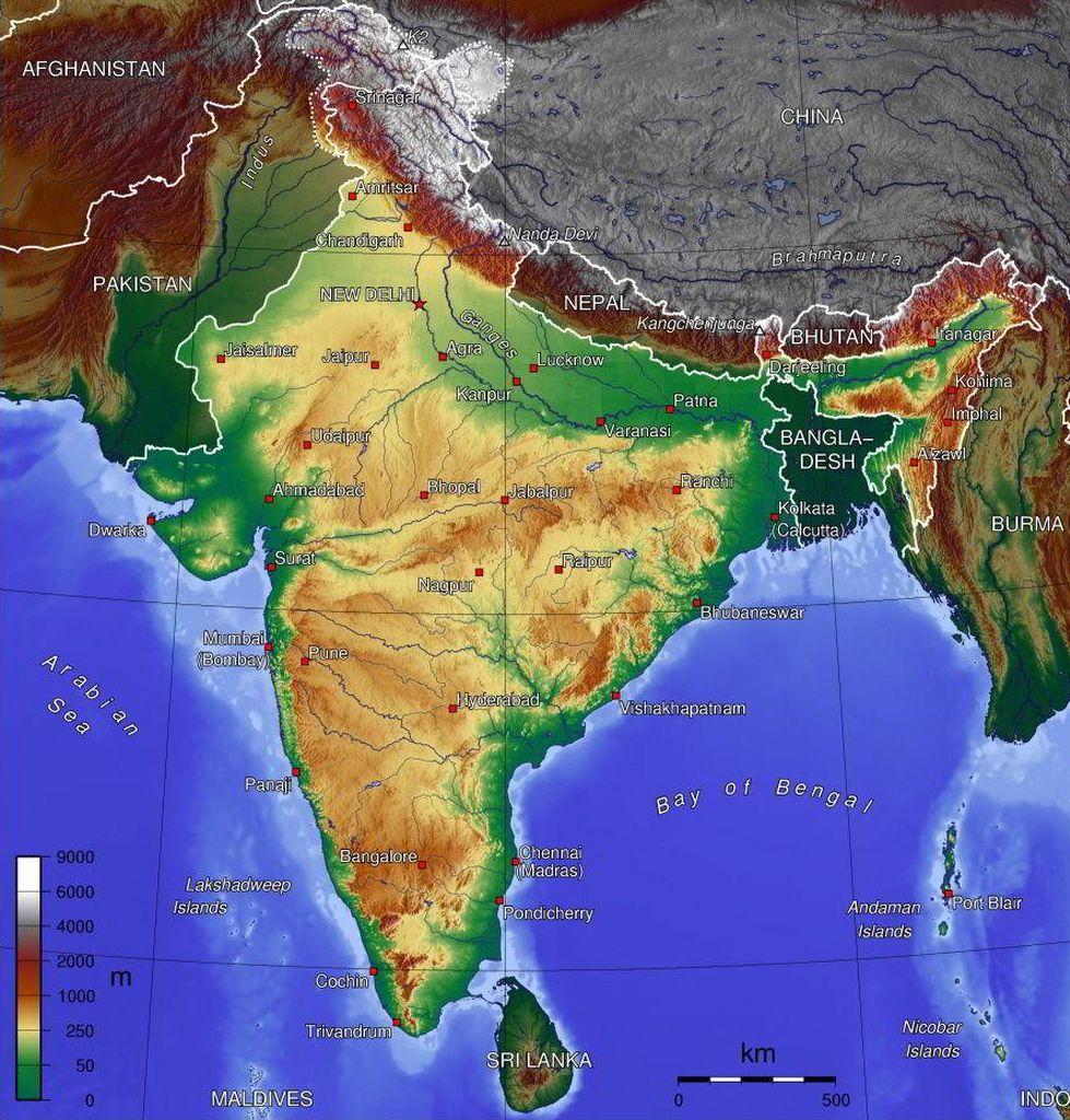 Mapa en relieve de la India