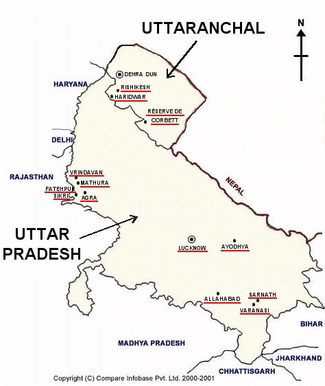 Mapa de Uttar Pradesh y Uttaranchal