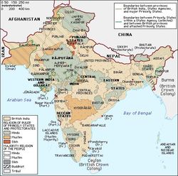 Mapa de la dominación inglesa de la India