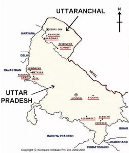 Mapa de Uttar Pradesh y Uttaranchal