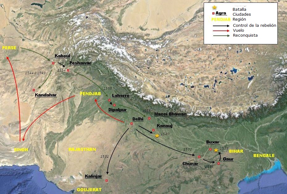 Las conquistas de Humayun desde 1530 hasta 1555.